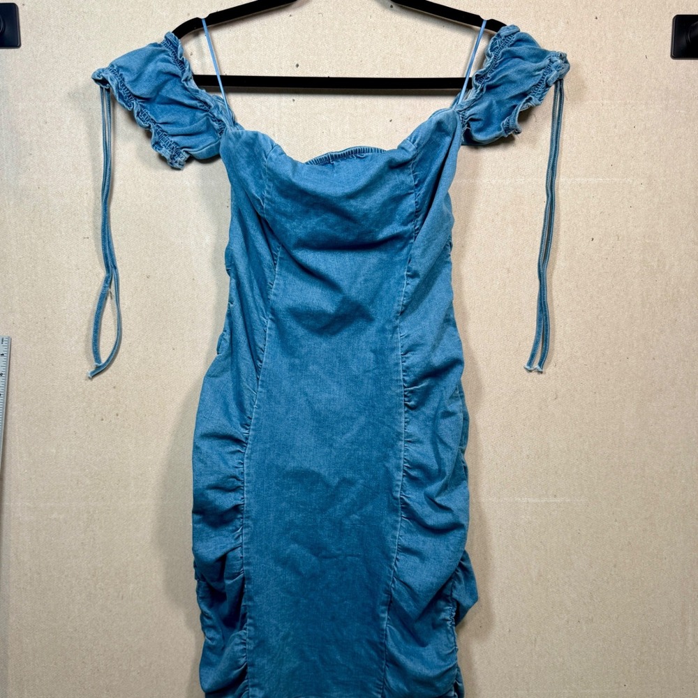 Fashion Nova Somebody Else Denim Mini Dress Medium Wash Blue Ruched Size L